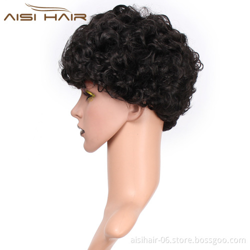 Aisi Hair Wholesale Afro Synthetic Wigs For Black Women Black Short Curly Cut Wig With Bangs Heat Resistant Fiber